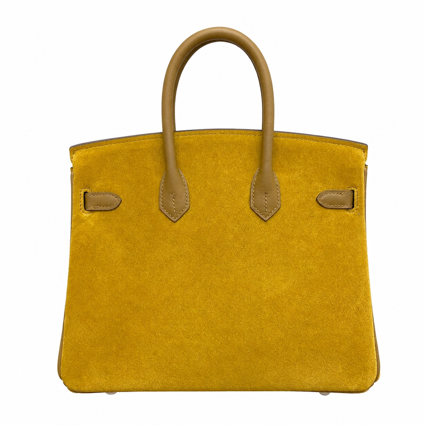 Yellow Mustard Fuzzy Panel Tan Smooth Trim Compact Trapezoid Hand Tote With Sleek Cool Silvery Twist Lock Hardware And Precise Matching Tone Stitching