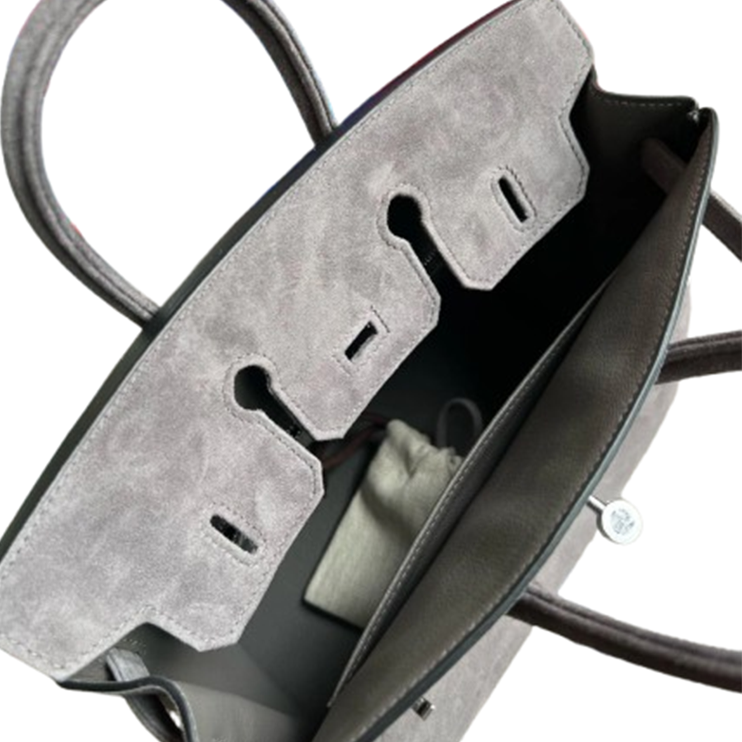 Muted Ash Grey Matte Fuzzy Compact Trapezoid Hand Tote With Sleek Cool Silvery Twist Lock Hardware And Unified Tone Precision Edge Stitching