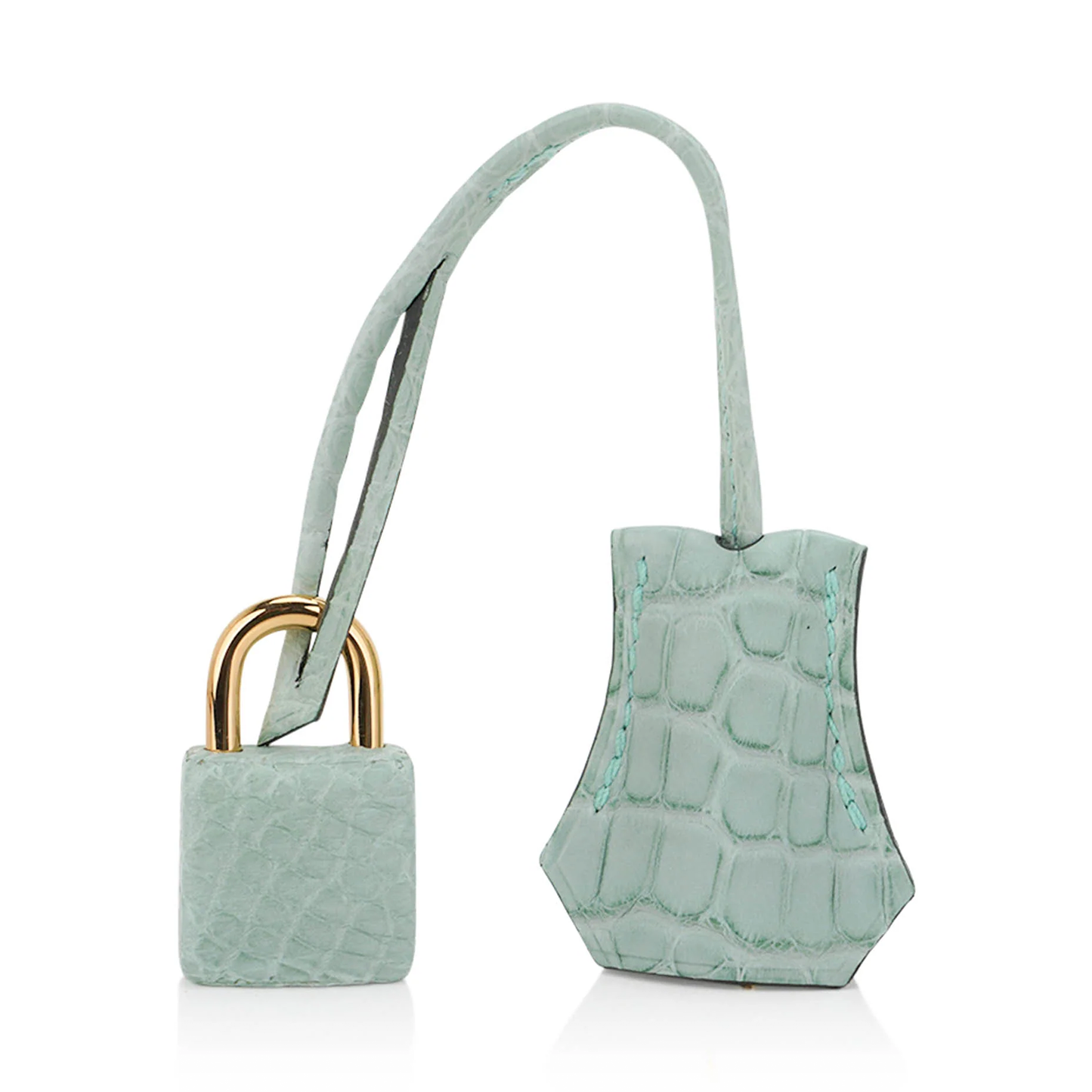 Pale Mint Sea Glass Scaled Petite Sharp-Lined Trapezoid Hand Tote With Warm Golden Twist Lock Hardware And Matching Embossed Suspended Metal Padlock Charm