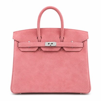 Delicate Dusty Rose Matte Fuzzy Compact Trapezoid Hand Suede Tote With Polished Cool Silvery Twist Lock Hardware And Uniform Matching Tone Stitching