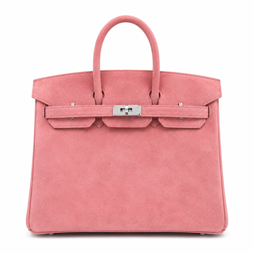 Delicate Dusty Rose Matte Fuzzy Compact Trapezoid Hand Suede Tote With Polished Cool Silvery Twist Lock Hardware And Uniform Matching Tone Stitching