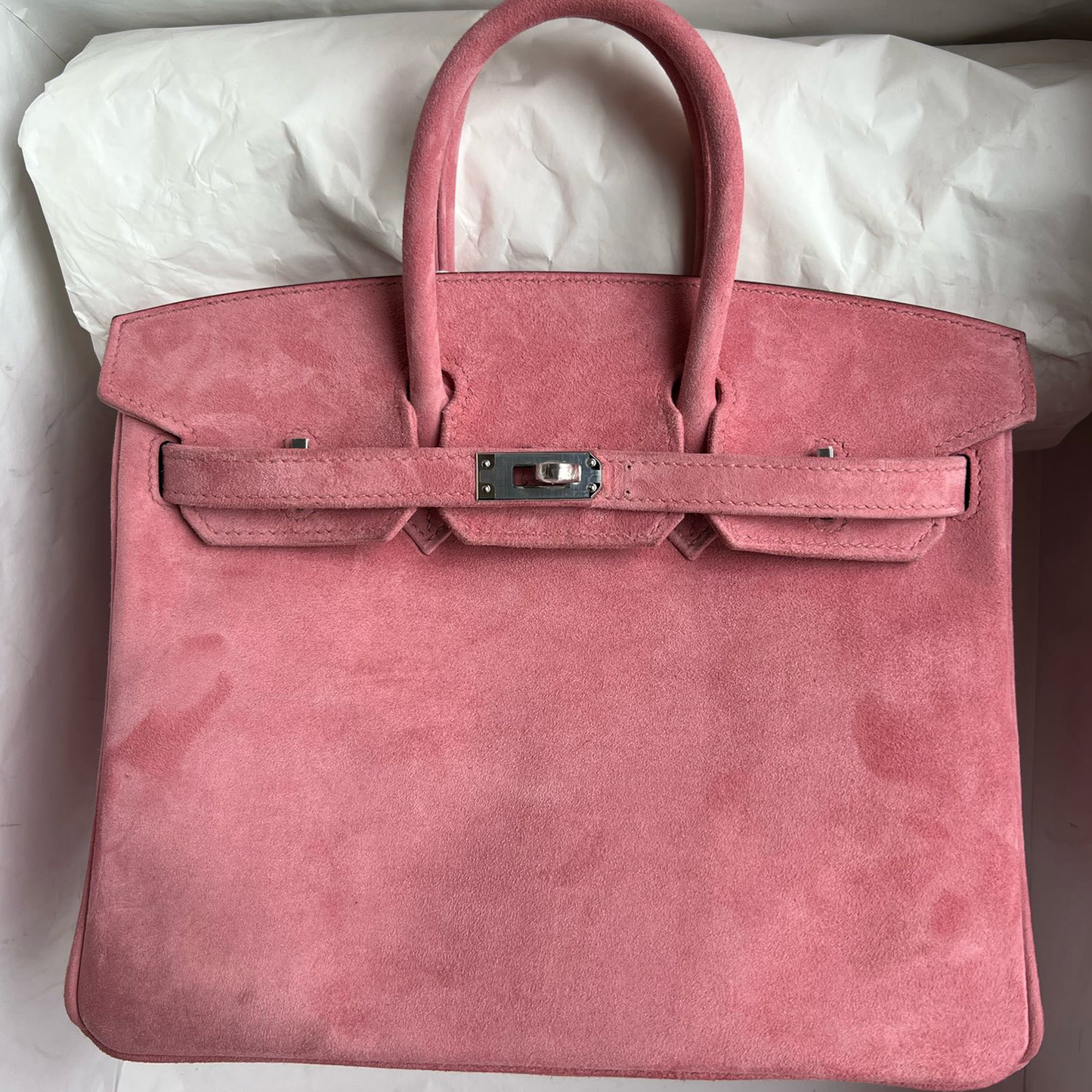 Delicate Dusty Rose Matte Fuzzy Compact Trapezoid Hand Suede Tote With Polished Cool Silvery Twist Lock Hardware And Uniform Matching Tone Stitching