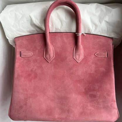 Delicate Dusty Rose Matte Fuzzy Compact Trapezoid Hand Suede Tote With Polished Cool Silvery Twist Lock Hardware And Uniform Matching Tone Stitching