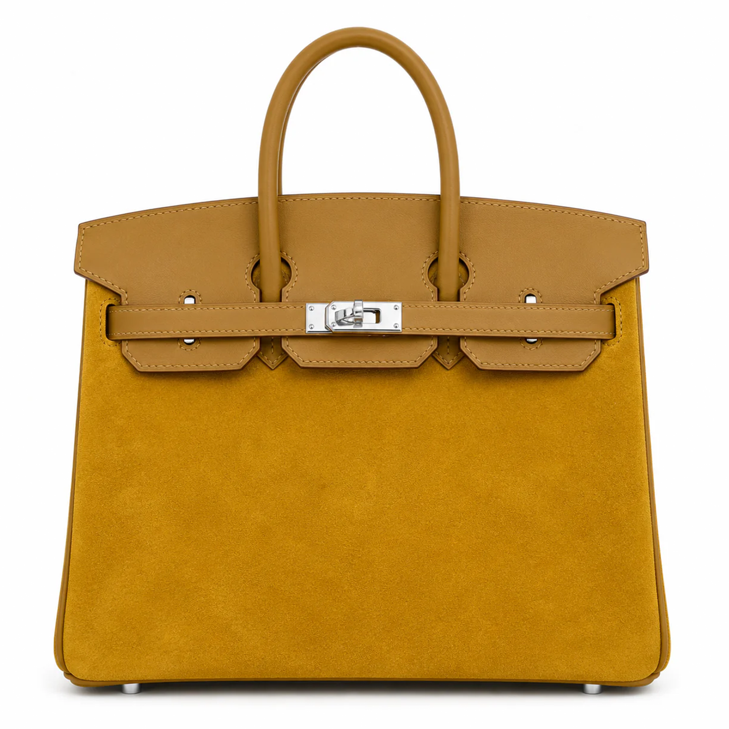 Yellow Mustard Fuzzy Panel Tan Smooth Trim Compact Trapezoid Hand Tote With Sleek Cool Silvery Twist Lock Hardware And Precise Matching Tone Stitching