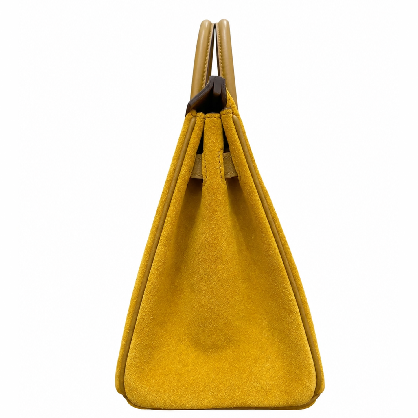 Yellow Mustard Fuzzy Panel Tan Smooth Trim Compact Trapezoid Hand Tote With Sleek Cool Silvery Twist Lock Hardware And Precise Matching Tone Stitching