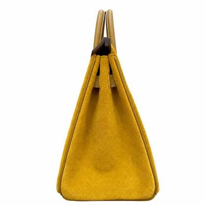 Yellow Mustard Fuzzy Panel Tan Smooth Trim Compact Trapezoid Hand Tote With Sleek Cool Silvery Twist Lock Hardware And Precise Matching Tone Stitching