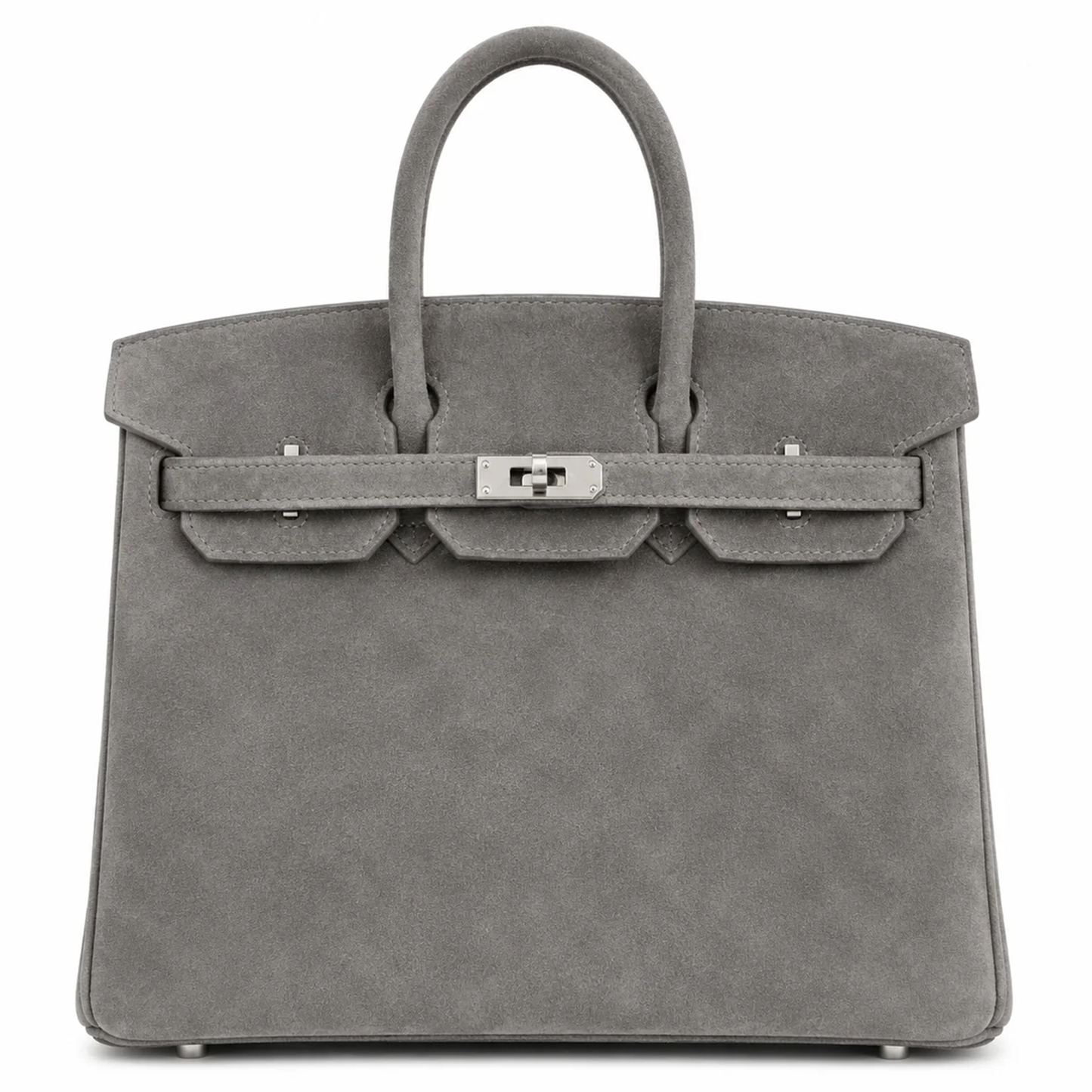 Muted Ash Grey Matte Fuzzy Compact Trapezoid Hand Tote With Sleek Cool Silvery Twist Lock Hardware And Unified Tone Precision Edge Stitching