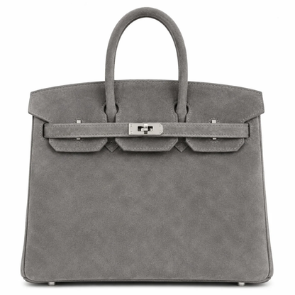 Muted Ash Grey Matte Fuzzy Compact Trapezoid Hand Tote With Sleek Cool Silvery Twist Lock Hardware And Unified Tone Precision Edge Stitching