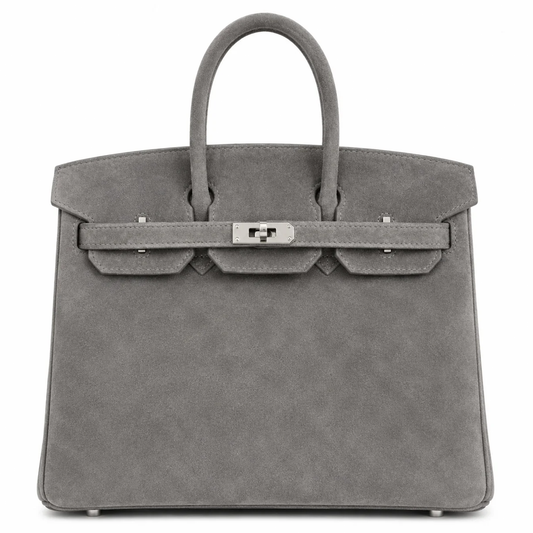 Muted Ash Grey Matte Fuzzy Compact Trapezoid Hand Tote With Sleek Cool Silvery Twist Lock Hardware And Unified Tone Precision Edge Stitching