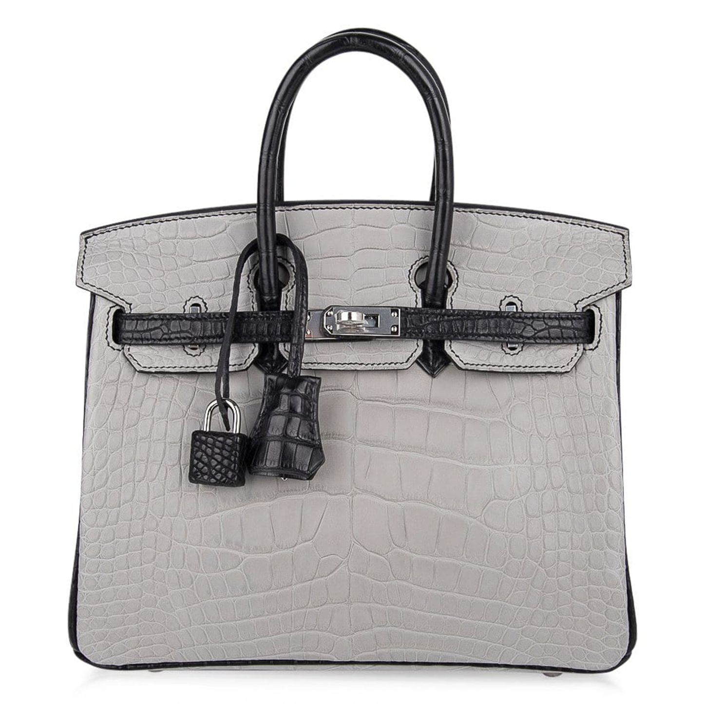 Pale Ash Grey Jet Black Contrast Scaled Compact Trapezoid Hand Tote With Cool Polished Silvery Twist Lock Hardware And Matching Textured Suspended Padlock Charm