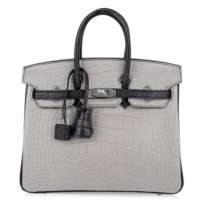 Pale Ash Grey Jet Black Contrast Scaled Compact Trapezoid Hand Tote With Cool Polished Silvery Twist Lock Hardware And Matching Textured Suspended Padlock Charm