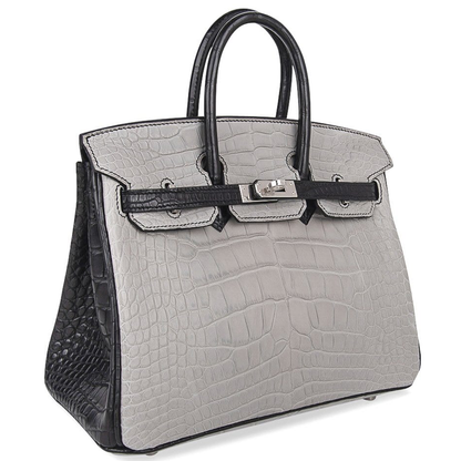 Pale Ash Grey Jet Black Contrast Scaled Compact Trapezoid Hand Tote With Cool Polished Silvery Twist Lock Hardware And Matching Textured Suspended Padlock Charm