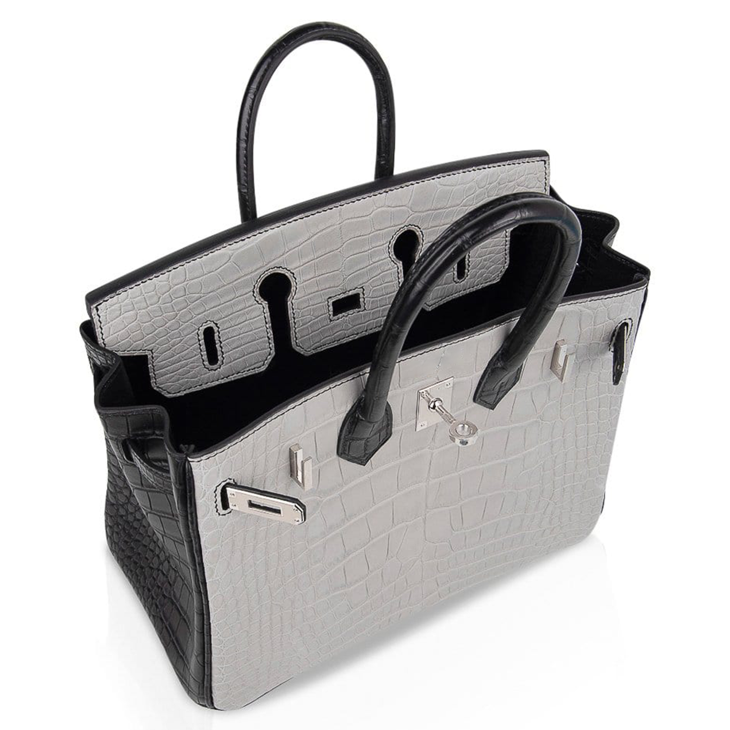 Pale Ash Grey Jet Black Contrast Scaled Compact Trapezoid Hand Tote With Cool Polished Silvery Twist Lock Hardware And Matching Textured Suspended Padlock Charm