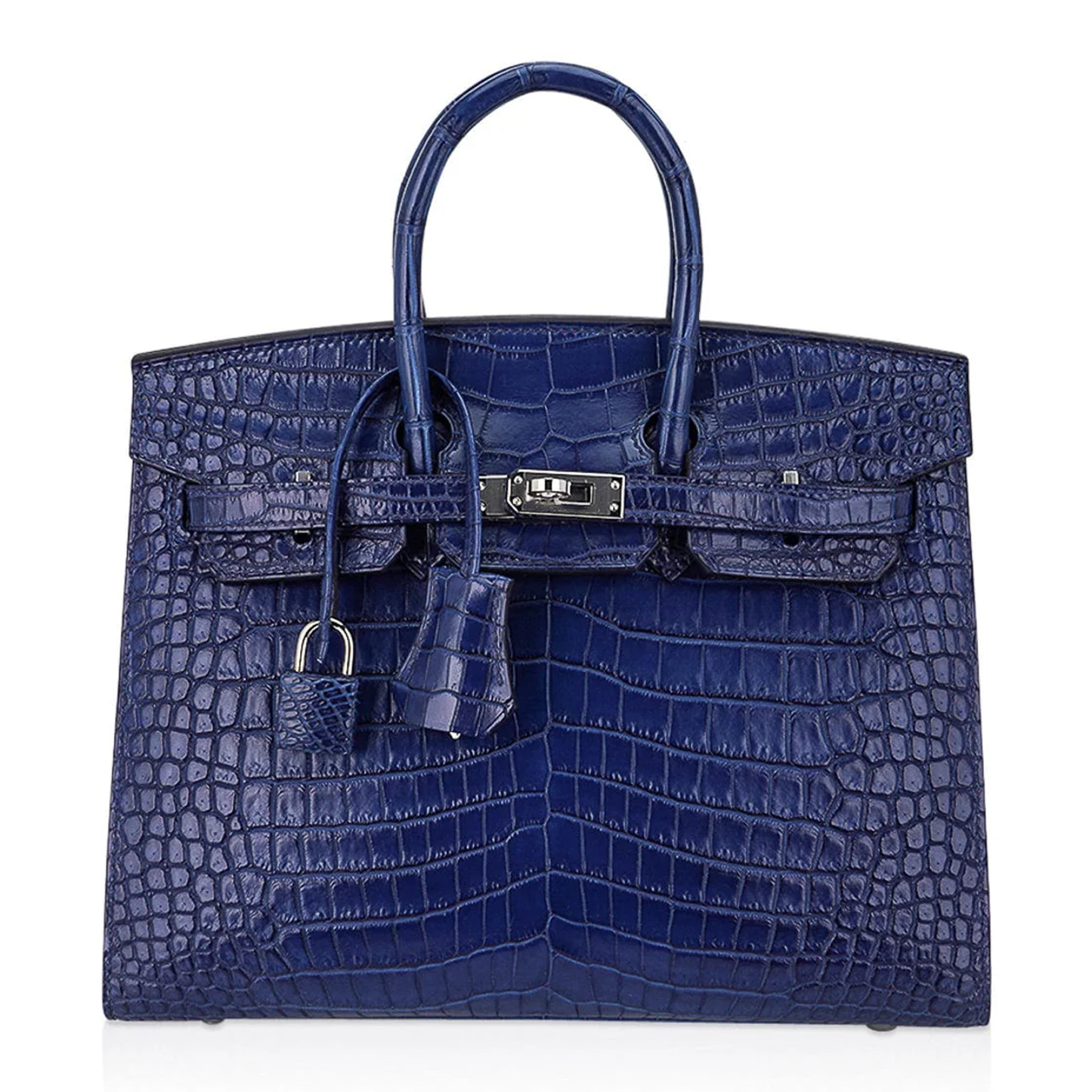 Layered Gradient Indigo Blue Scaled Sharp Edge Trapezoid Hand Tote With Sleek Cool Silvery Twist Lock Hardware And Matching Embossed Suspended Metal Padlock Charm