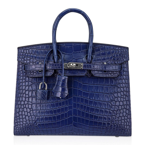 Layered Gradient Indigo Blue Scaled Sharp Edge Trapezoid Hand Tote With Sleek Cool Silvery Twist Lock Hardware And Matching Embossed Suspended Metal Padlock Charm