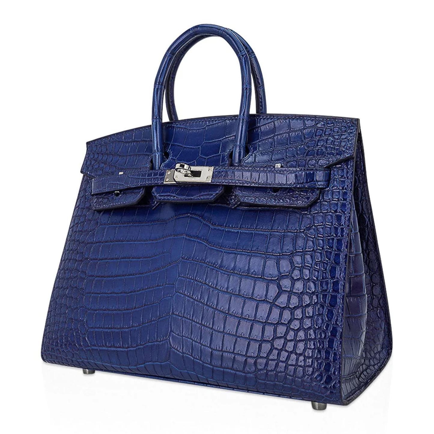 Layered Gradient Indigo Blue Scaled Sharp Edge Trapezoid Hand Tote With Sleek Cool Silvery Twist Lock Hardware And Matching Embossed Suspended Metal Padlock Charm