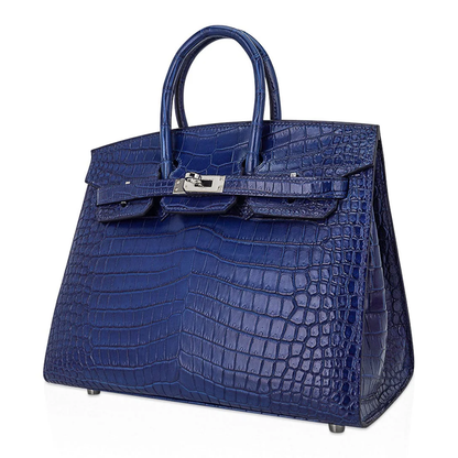 Layered Gradient Indigo Blue Scaled Sharp Edge Trapezoid Hand Tote With Sleek Cool Silvery Twist Lock Hardware And Matching Embossed Suspended Metal Padlock Charm