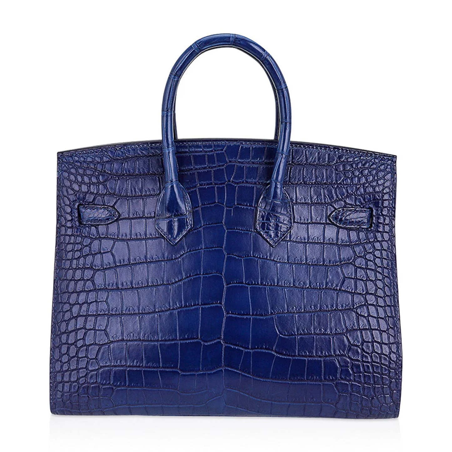 Layered Gradient Indigo Blue Scaled Sharp Edge Trapezoid Hand Tote With Sleek Cool Silvery Twist Lock Hardware And Matching Embossed Suspended Metal Padlock Charm