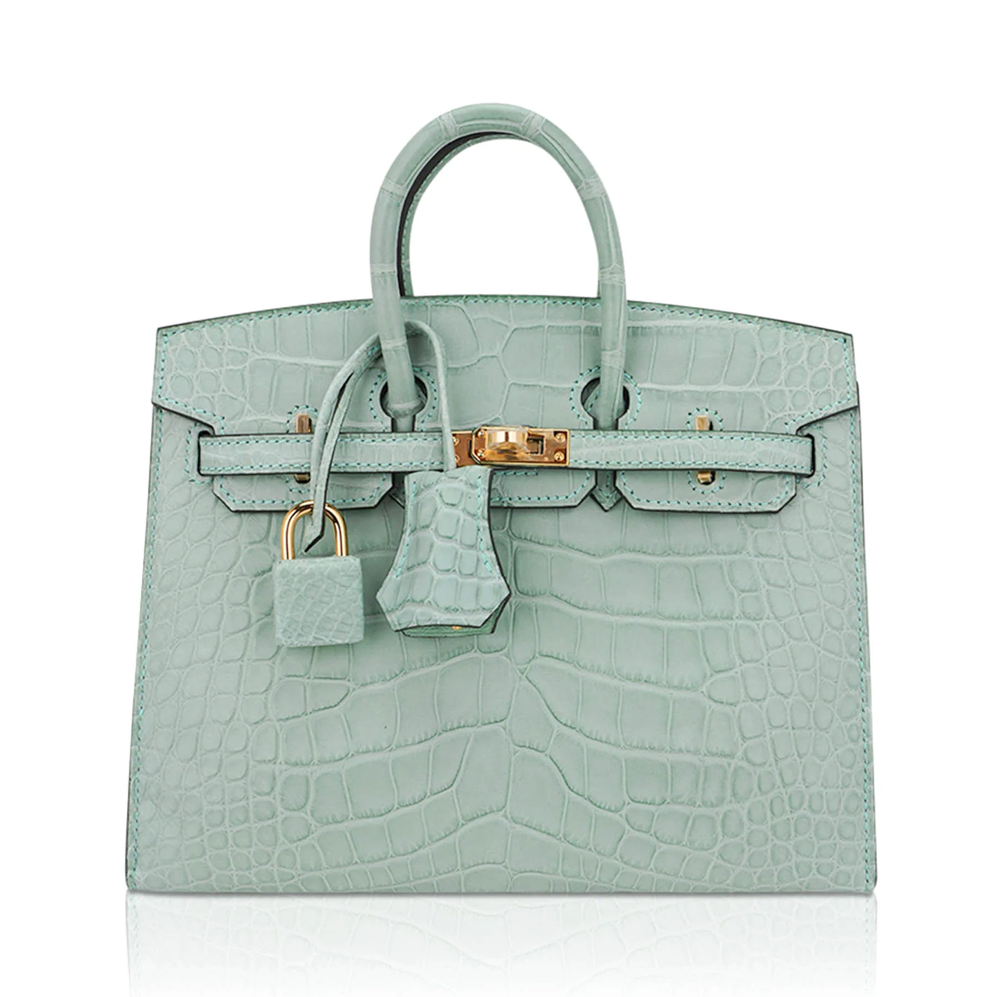 Pale Mint Sea Glass Scaled Petite Sharp-Lined Trapezoid Hand Tote With Warm Golden Twist Lock Hardware And Matching Embossed Suspended Metal Padlock Charm