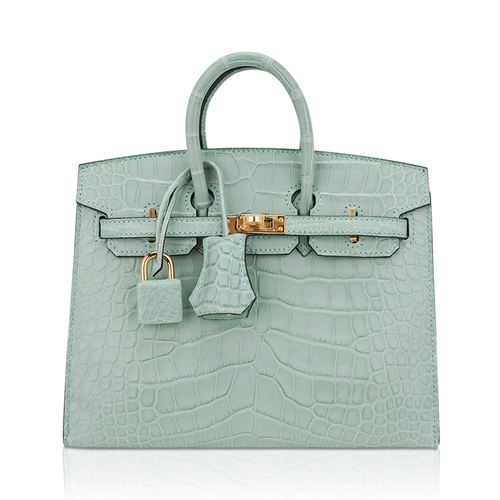 Pale Mint Sea Glass Scaled Petite Sharp-Lined Trapezoid Hand Tote With Warm Golden Twist Lock Hardware And Matching Embossed Suspended Metal Padlock Charm