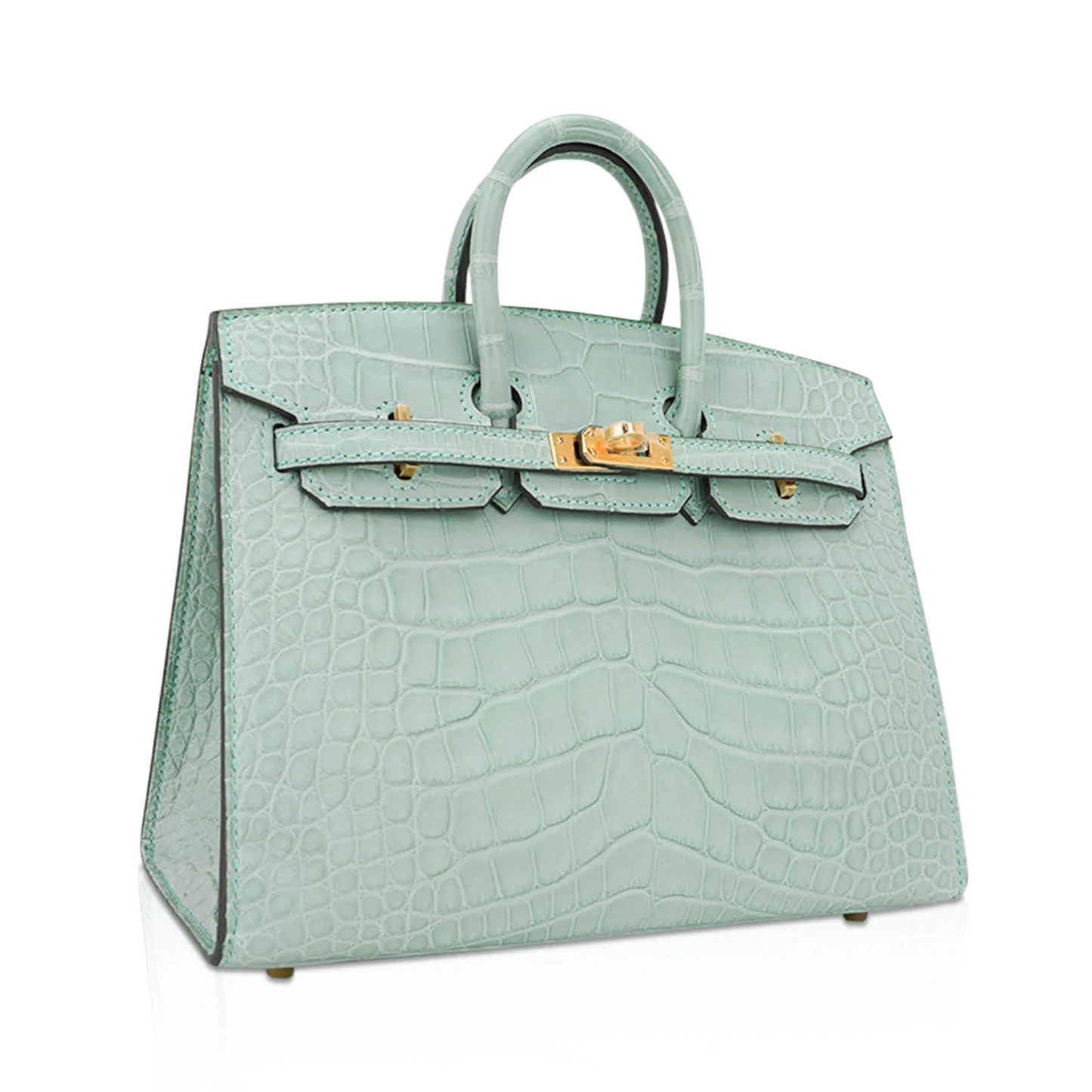 Pale Mint Sea Glass Scaled Petite Sharp-Lined Trapezoid Hand Tote With Warm Golden Twist Lock Hardware And Matching Embossed Suspended Metal Padlock Charm