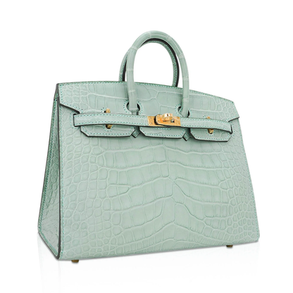 Pale Mint Sea Glass Scaled Petite Sharp-Lined Trapezoid Hand Tote With Warm Golden Twist Lock Hardware And Matching Embossed Suspended Metal Padlock Charm