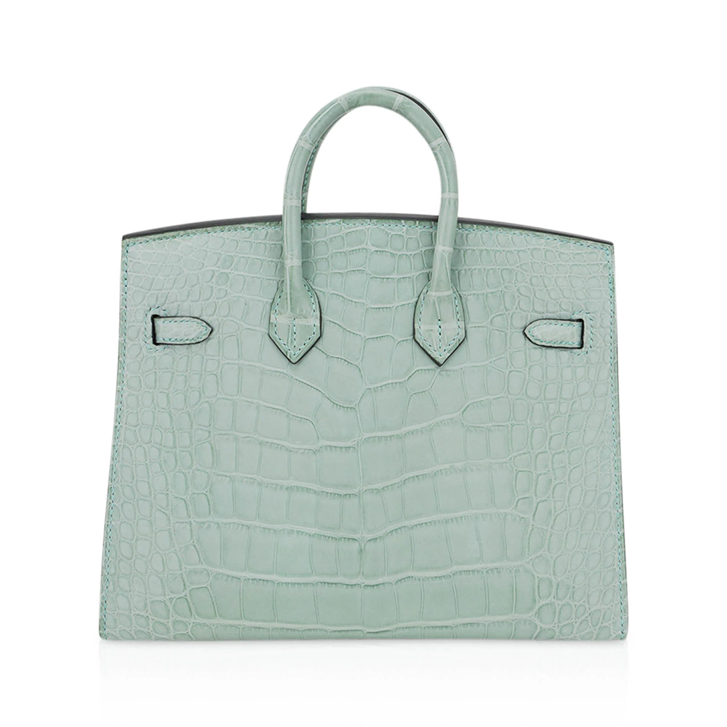 Pale Mint Sea Glass Scaled Petite Sharp-Lined Trapezoid Hand Tote With Warm Golden Twist Lock Hardware And Matching Embossed Suspended Metal Padlock Charm
